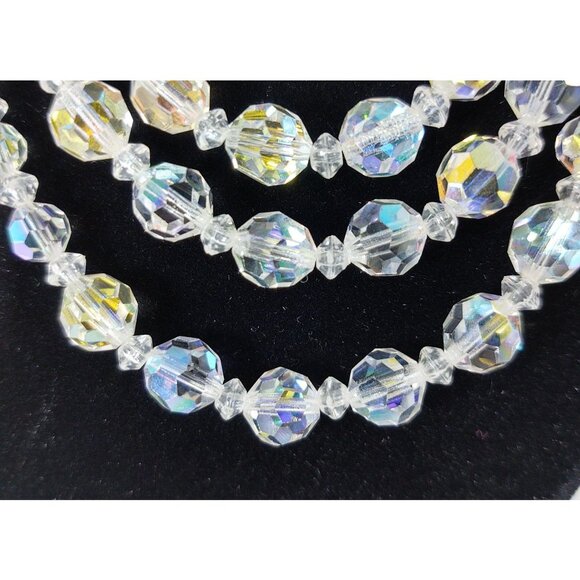 Crystal Aurora Borealis Beaded Triple Strand Necklace W/ Hook Closure, Vintage - Picture 4 of 7